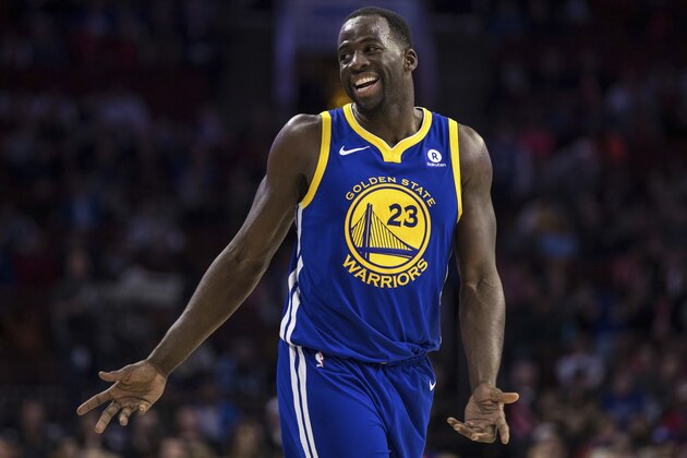 In this Nov. 18, 2017, photo, Golden State Warriors' Draymond Green reacts during the second half of an NBA basketball game against the Philadelphia 76ers in Philadelphia. Green and Kevin Durant bet on just about anything.