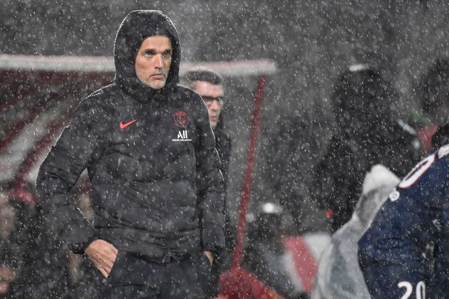 Paris Saint-Germain's German coach Thomas Tuchel looks on during the French L1 football match between Dijon Football Cote-d'Or (DFCO) and Paris Saint-Germain (PSG) on November 1, 2019, at the Gaston Gerard stadium in Dijon. (Photo by Philippe DESMAZES / AFP) (Photo by PHILIPPE DESMAZES/AFP via Getty Images)