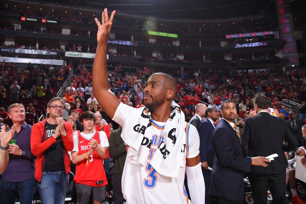 HOUSTON, TX - OCTOBER 28 : Chris Paul #3 of the Oklahoma City Thunder waves to fans after a game against the Houston Rockets on October 28, 2019 at the Toyota Center in Houston, Texas. NOTE TO USER: User expressly acknowledges and agrees that, by downloading and or using this photograph, User is consenting to the terms and conditions of the Getty Images License Agreement. Mandatory Copyright Notice: Copyright 2019 NBAE (Photo by Bill Baptist/NBAE via Getty Images)