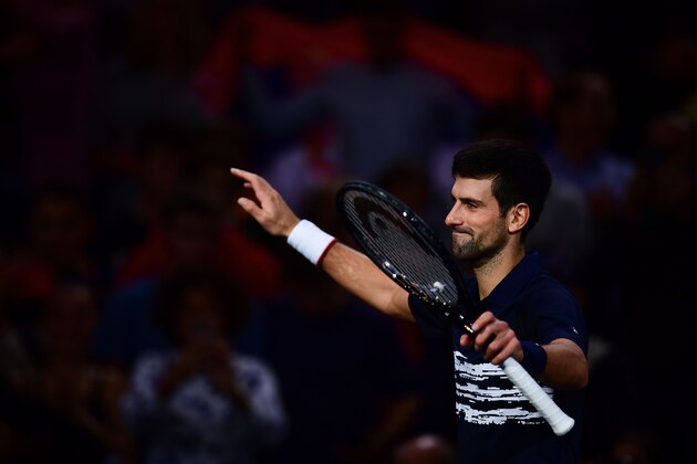 Serbia's Novak Djokovic celebrates after winning against Bulgaria's Grigor Dimitrov during their men's singles semi-final tennis match at the ATP World Tour Masters 1000 - Rolex Paris Masters - indoor tennis tournament at The AccorHotels Arena in Paris on November 2, 2019. (Photo by MARTIN BUREAU / AFP) (Photo by MARTIN BUREAU/AFP via Getty Images)