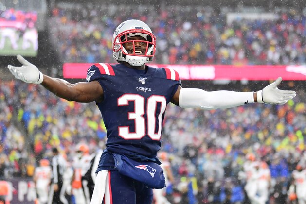 FOXBOROUGH, MASSACHUSETTS - OCTOBER 27: Cornerback Jason McCourty #30 of the New England Patriots celebrates a touchdown in the first quarter of the game against the Cleveland Browns at Gillette Stadium on October 27, 2019 in Foxborough, Massachusetts. (Photo by Billie Weiss/Getty Images)