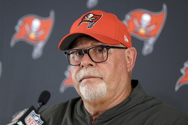 Tampa Bay Buccaneers head coach Bruce Arians answers questions after an NFL football game against the Tennessee Titans Sunday, Oct. 27, 2019, in Nashville, Tenn. The Titans won 27-23. (AP Photo/James Kenney)