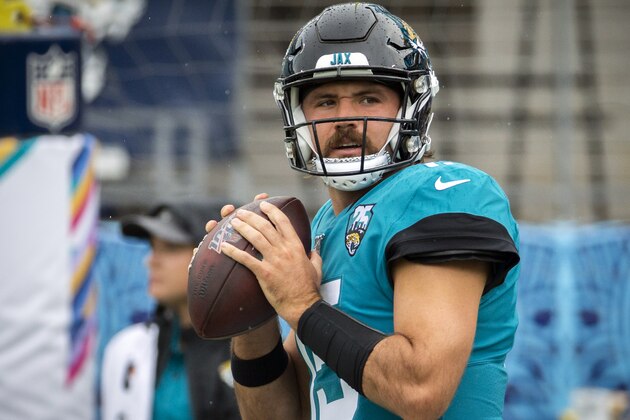 Jacksonville Jaguars quarterback Gardner Minshew (15) warms up before the start of an NFL football game against the New York Jets, Sunday, Oct. 27, 2019, in Jacksonville, Fla. (AP Photo/Stephen B. Morton)