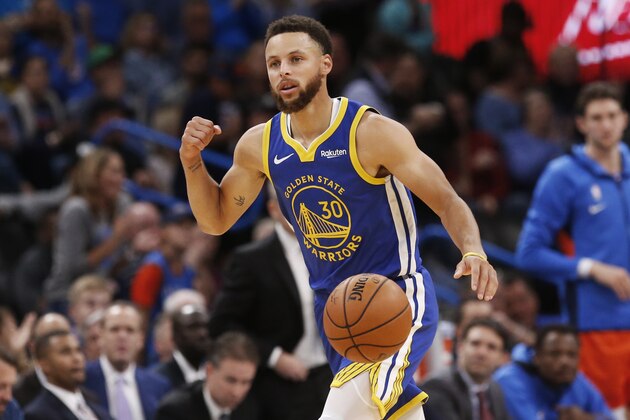 Golden State Warriors guard Stephen Curry (30) in the first half of an NBA basketball game Sunday, Oct. 27, 2019 in Oklahoma City. (AP Photo/Sue Ogrocki)