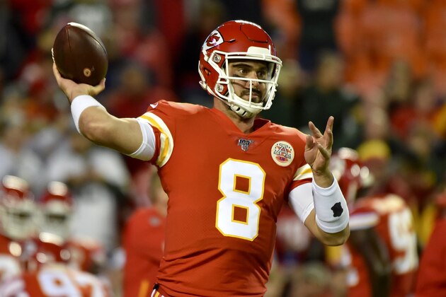 Kansas City Chiefs quarterback Matt Moore (8) warms up before an NFL football game against the Green Bay Packers in Kansas City, Mo., Sunday, Oct. 27, 2019. (AP Photo/Ed Zurga)