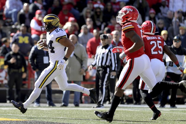 Michigan running back Zach Charbonnet scores a touchdown on a run against Maryland during the first half of an NCAA college football game, Saturday, Nov. 2, 2019, in College Park, Md. (AP Photo/Julio Cortez)
