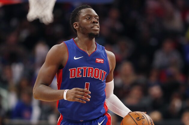 Detroit Pistons guard Reggie Jackson brings the ball up court during the first half of an NBA basketball game, Thursday, Oct. 24, 2019, in Detroit. (AP Photo/Carlos Osorio)