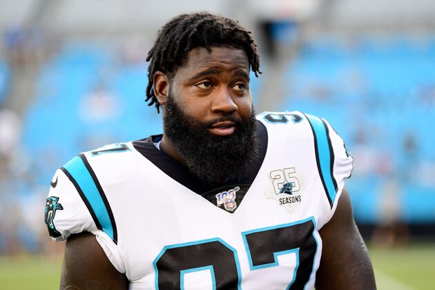 CHARLOTTE, NORTH CAROLINA - AUGUST 29: Mario Addison #97 of the Carolina Panthers looks on before their preseason game against the Pittsburgh Steelers at Bank of America Stadium on August 29, 2019 in Charlotte, North Carolina. (Photo by Jacob Kupferman/Getty Images)