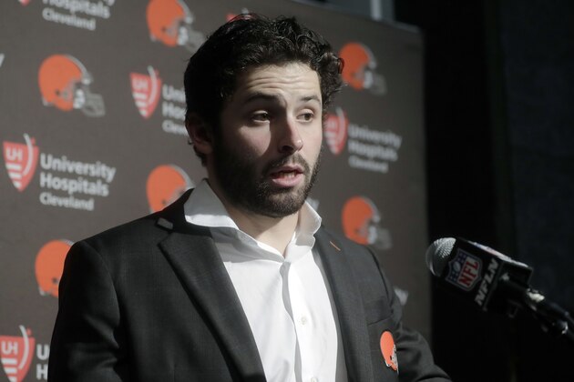Cleveland Browns quarterback Baker Mayfield speaks to the media following an NFL football game against the New England Patriots, Sunday, Oct. 27, 2019, in Foxborough, Mass. (AP Photo/Steven Senne)