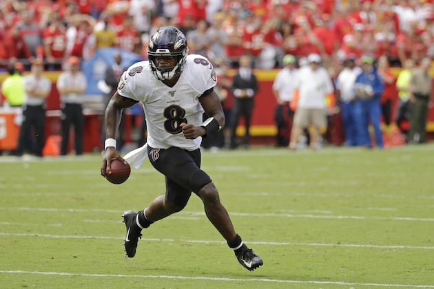 Baltimore Ravens quarterback Lamar Jackson (8) runs during the second half of an NFL football game against the Kansas City Chiefs Sunday, Sept. 22, 2019, in Kansas City, Mo. The Chiefs won 33-28. (AP Photo/Charlie Riedel)