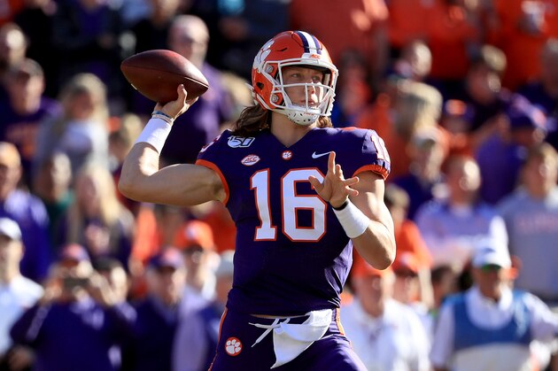 CLEMSON, SOUTH CAROLINA - NOVEMBER 02: Trevor Lawrence #16 of the Clemson Tigers drops back to pass against the Wofford Terriers during their game at Memorial Stadium on November 02, 2019 in Clemson, South Carolina. (Photo by Streeter Lecka/Getty Images)