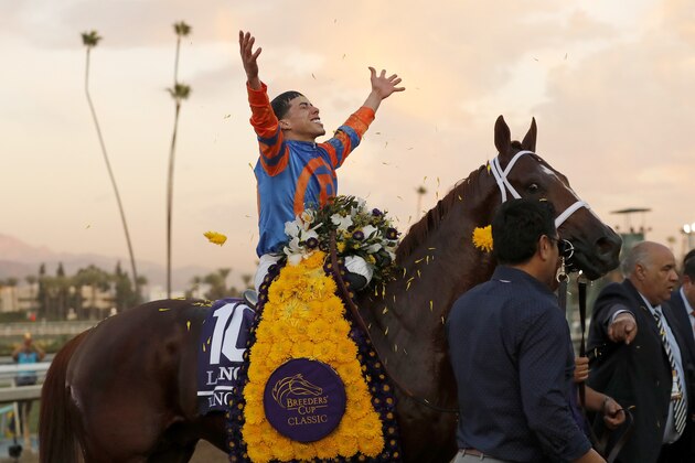 ARCADIA, CALIFORNIA - NOVEMBER 02:  Jockey Irad Ortiz Jr. aboard Vino Rosso reacts after winning the Breeders' Cup Classic race at Santa Anita Park on November 02, 2019 in Arcadia, California. (Photo by Sean M. Haffey/Getty Images)