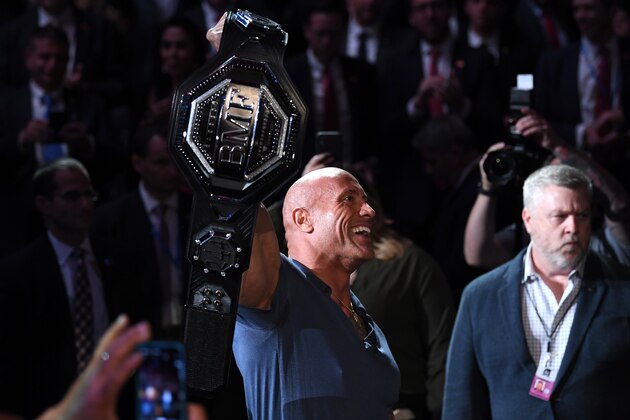 NEW YORK, NEW YORK - NOVEMBER 02: Dwayne 'The Rock' Johnson presents the BMF Belt during the UFC 244 event at Madison Square Garden on November 02, 2019 in New York City. (Photo by Josh Hedges/Zuffa LLC via Getty Images)