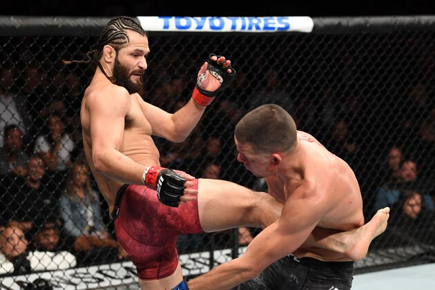 NEW YORK, NEW YORK - NOVEMBER 02: (L-R) Jorge Masvidal kicks Nate Diaz in their welterweight bout for the BMF title during the UFC 244 event at Madison Square Garden on November 02, 2019 in New York City. (Photo by Josh Hedges/Zuffa LLC via Getty Images)