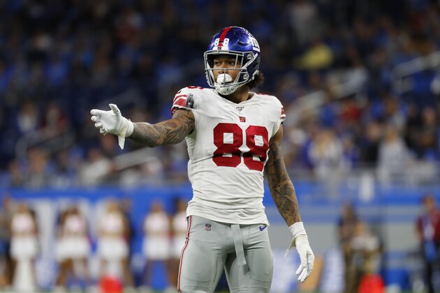 New York Giants tight end Evan Engram plays against the Detroit Lions during an NFL football game in Detroit, Sunday, Oct. 27, 2019. (AP Photo/Paul Sancya)