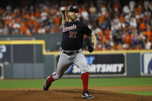 Washington Nationals starting pitcher Stephen Strasburg throws during the first inning of Game 6 of the baseball World Series against the Houston Astros Tuesday, Oct. 29, 2019, in Houston. (AP Photo/Matt Slocum)