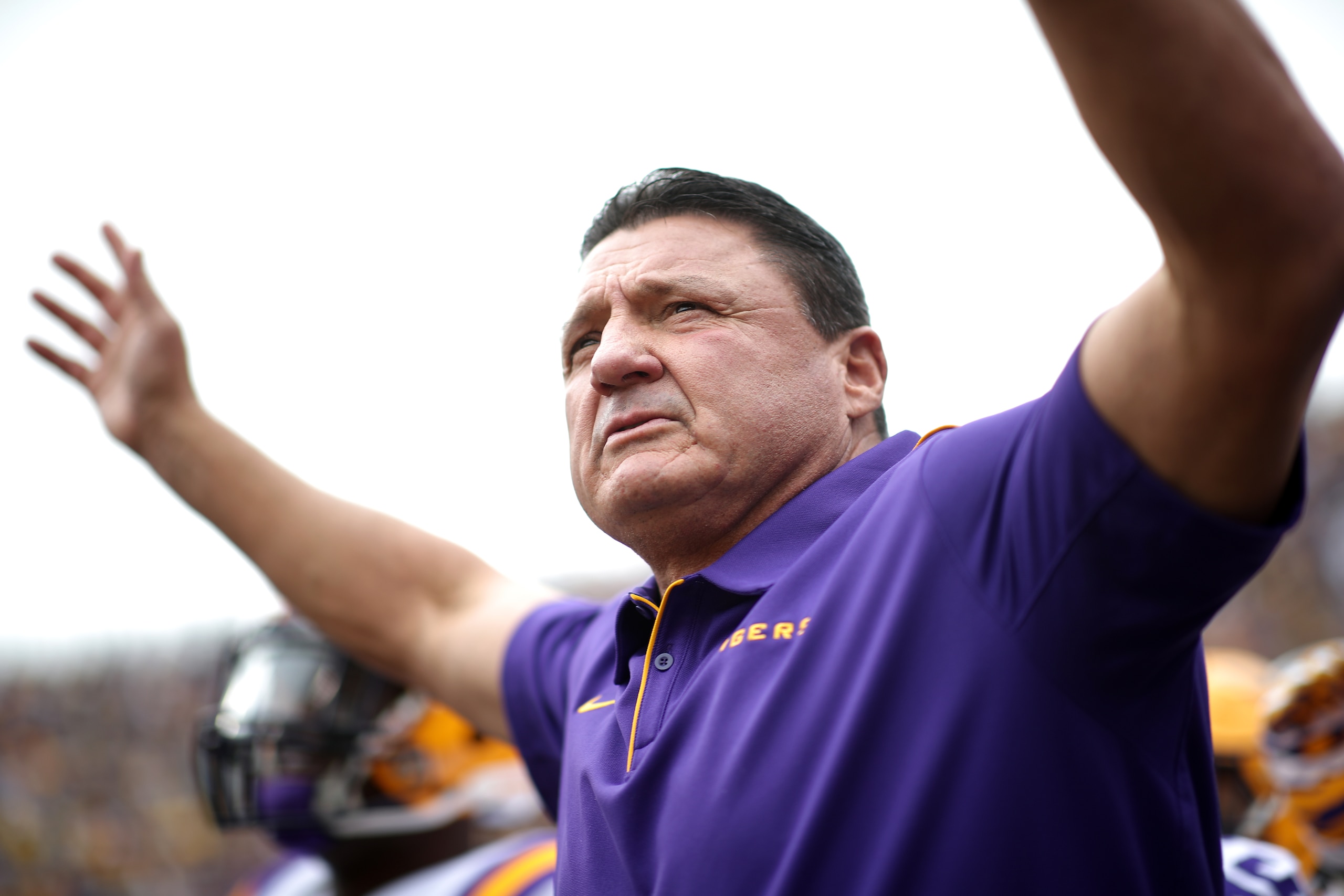 BATON ROUGE, LOUISIANA - OCTOBER 26: Head coach of the LSU Tigers Ed Ogeron looks on during pregame against the Auburn Tigers at Tiger Stadium on October 26, 2019 in Baton Rouge, Louisiana. (Photo by Chris Graythen/Getty Images)
