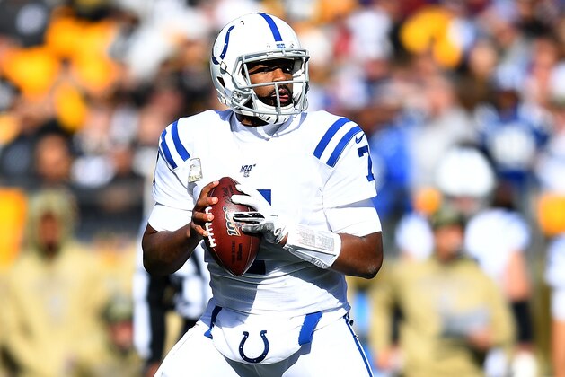 PITTSBURGH, PA - NOVEMBER 03:  Jacoby Brissett #7 of the Indianapolis Colts looks to pass during the first quarter against the Pittsburgh Steelers at Heinz Field on November 3, 2019 in Pittsburgh, Pennsylvania. (Photo by Joe Sargent/Getty Images)