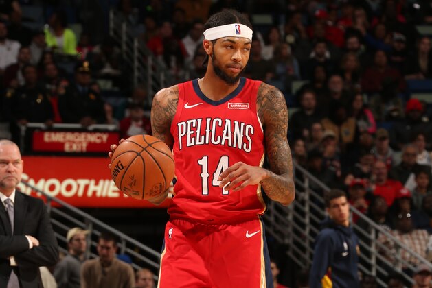 NEW ORLEANS, LA - OCTOBER 31: Brandon Ingram #14 of the New Orleans Pelicans handles the ball against the Denver Nuggets on October 31, 2019 at the Smoothie King Center in New Orleans, Louisiana. NOTE TO USER: User expressly acknowledges and agrees that, by downloading and or using this Photograph, user is consenting to the terms and conditions of the Getty Images License Agreement. Mandatory Copyright Notice: Copyright 2019 NBAE (Photo by Layne Murdoch Jr./NBAE via Getty Images)