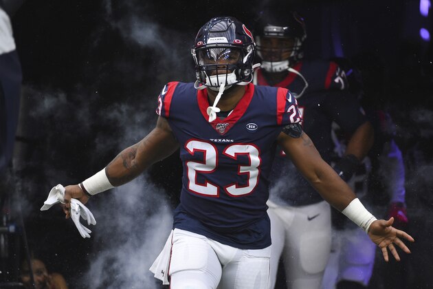 Houston Texans running back Carlos Hyde (23) before an NFL football game against the Oakland Raiders Sunday, Oct. 27, 2019, in Houston. (AP Photo/Eric Christian Smith)