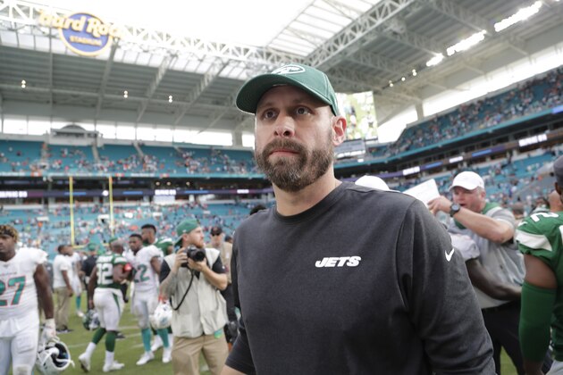 New York Jets head coach Adam Gase walks off the field after an NFL football game against the Miami Dolphins, Sunday, Nov. 3, 2019, in Miami Gardens, Fla. Dolphins win 26-18. (AP Photo/Lynne Sladky)