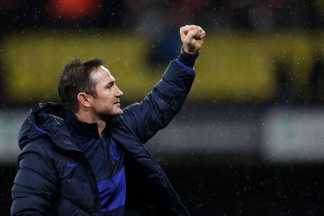 Chelsea's English head coach Frank Lampard reacts at the final whistle during the English Premier League football match between Watford and Chelsea at Vicarage Road Stadium in Watford, north of London on November 2, 2019. (Photo by Adrian DENNIS / AFP) / RESTRICTED TO EDITORIAL USE. No use with unauthorized audio, video, data, fixture lists, club/league logos or 'live' services. Online in-match use limited to 120 images. An additional 40 images may be used in extra time. No video emulation. Social media in-match use limited to 120 images. An additional 40 images may be used in extra time. No use in betting publications, games or single club/league/player publications. /  (Photo by ADRIAN DENNIS/AFP via Getty Images)