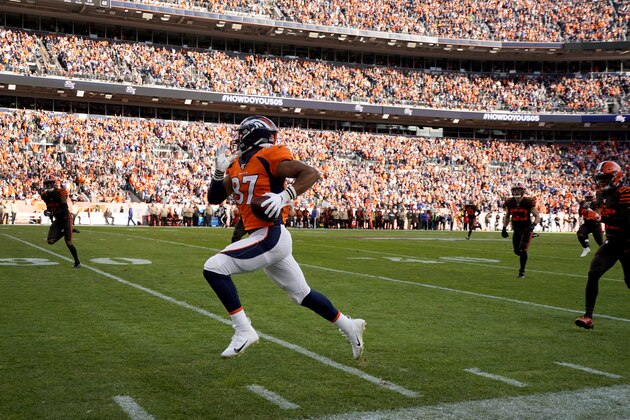 Denver Broncos tight end Noah Fant (87) runs for a 75-yard touchdown against the Cleveland Browns during the first half of NFL football game, Sunday, Nov. 3, 2019, in Denver. (AP Photo/Jack Dempsey)