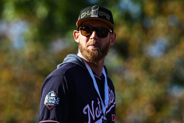WASHINGTON, DC - NOVEMBER 02: World Series MVP Stephen Strasburg #37 of the Washington Nationals celebrates during Victory Parade on November 02, 2019 in Washington, DC. (Photo by Chaz Niell/Getty Images) WASHINGTON, DC - NOVEMBER 02: World Series MVP Stephen Strasburg #37 of the Washington Nationals celebrates during Victory Parade on November 02, 2019 in Washington, DC. (Photo by Chaz Niell/Getty Images)