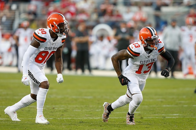 SANTA CLARA, CALIFORNIA - OCTOBER 07: Wide receivers Jarvis Landry #80 and Odell Beckham Jr. #13 of the Cleveland Browns line up for a play in the first half against the San Francisco 49ers at Levi's Stadium on October 07, 2019 in Santa Clara, California. (Photo by Lachlan Cunningham/Getty Images)