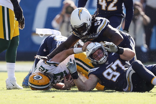 CARSON, CALIFORNIA - NOVEMBER 03: Joey Bosa #97 of the Los Angeles Chargers sacks Aaron Rodgers #12 of the Green Bay Packers during the first half at Dignity Health Sports Park on November 03, 2019 in Carson, California. (Photo by Sean M. Haffey/Getty Images)