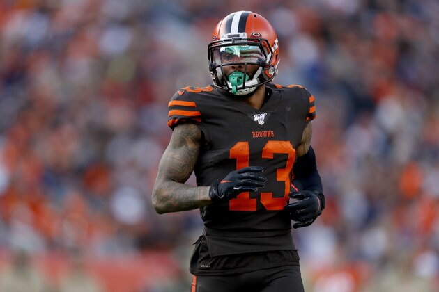 Cleveland Browns wide receiver Odell Beckham (13) lines up against the Denver Broncos during the first half of NFL football game, Sunday, Nov. 3, 2019, in Denver. (AP Photo/David Zalubowski)