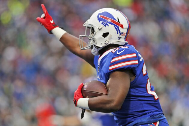 Buffalo Bills' Devin Singletary reacts after scoring a touchdown during the second half of an NFL football game against the Philadelphia Eagles, Sunday, Oct. 27, 2019, in Orchard Park, N.Y. (AP Photo/John Munson)