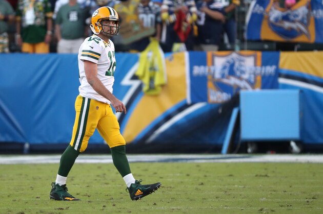CARSON, CALIFORNIA - NOVEMBER 03:   Aaron Rodgers #12 of the Green Bay Packers walks off the field after turning the ball over on downs during the fourth quarter of a game against the Los Angeles Chargers at Dignity Health Sports Park on November 03, 2019 in Carson, California.  The Los Angeles Chargers defeated the Green Bay Packers 26-11. (Photo by Sean M. Haffey/Getty Images)