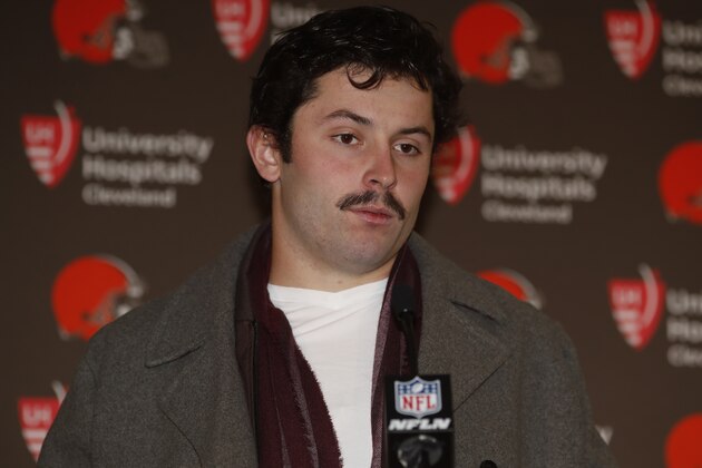 Cleveland Browns quarterback Baker Mayfield speaks after an NFL football game against the Denver Broncos, Sunday, Nov. 3, 2019, in Denver. The Broncos won 24-19. (AP Photo/David Zalubowski)