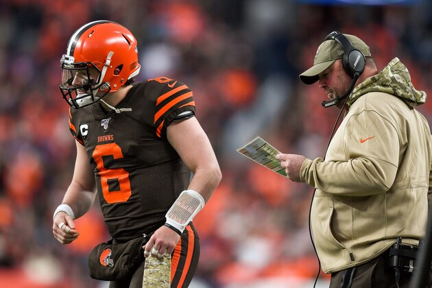 DENVER, CO - NOVEMBER 3:  Baker Mayfield #6 of the Cleveland Browns returns to the field after a discussion with head coach Freddie Kitchens of the Cleveland Browns in the fourth quarter of a game at Empower Field at Mile High on November 3, 2019 in Denver, Colorado.  (Photo by Dustin Bradford/Getty Images)