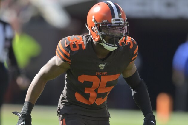 Cleveland Browns defensive back Jermaine Whitehead (35) defends during an NFL football game against the Seattle Seahawks, Sunday, Oct. 13, 2019, in Cleveland. The Seahawks won 32-28. (AP Photo/David Richard)