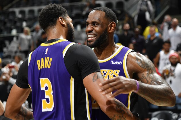 SAN ANTONIO, TX - NOVEMBER 3: Anthony Davis #3 and LeBron James #23 of the Los Angeles Lakers shake hands after a game against the San Antonio Spurs on November 3, 2019 at the AT&T Center in San Antonio, Texas. NOTE TO USER: User expressly acknowledges and agrees that, by downloading and or using this photograph, user is consenting to the terms and conditions of the Getty Images License Agreement. Mandatory Copyright Notice: Copyright 2019 NBAE (Photos by Logan Riely/NBAE via Getty Images)