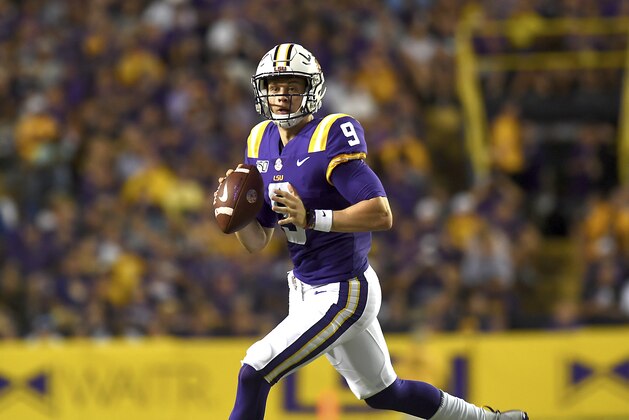 LSU quarterback Joe Burrow (9) looks for a receiver in the first half of an NCAA college football game against Northwestern State, Saturday, Sept. 14, 2019, in Baton Rouge, La. (AP Photo/Patrick Dennis)