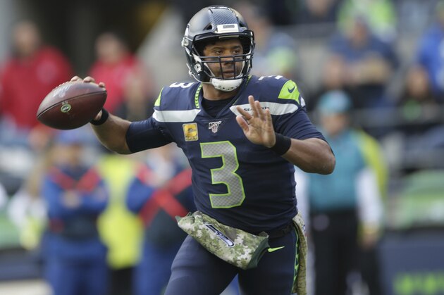 Seattle Seahawks quarterback Russell Wilson passes against the Tampa Bay Buccaneers during the first half of an NFL football game, Sunday, Nov. 3, 2019, in Seattle. (AP Photo/Scott Eklund)