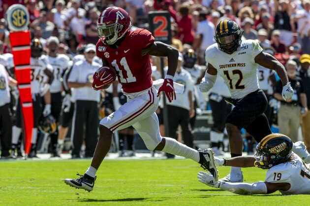 Alabama wide receiver Henry Ruggs III (11) runs in a touchdown on a pass reception against Southern Miss during the first half of an NCAA college football game, Saturday, Sept. 21, 2019, in Tuscaloosa, Ala. (AP Photo/Vasha Hunt)