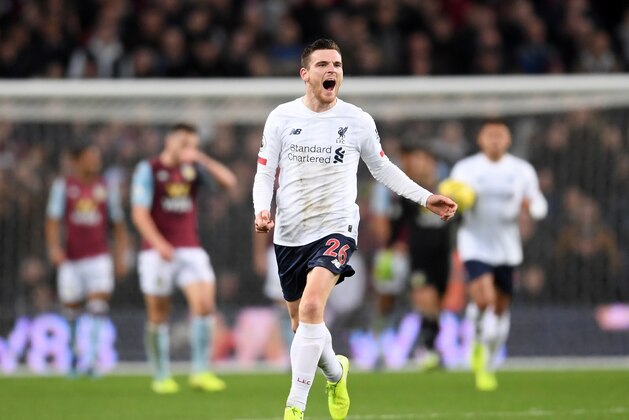 BIRMINGHAM, ENGLAND - NOVEMBER 02: Andy Roberton of Liverpool celebrates scoring the equalising goal during the Premier League match between Aston Villa and Liverpool FC at Villa Park on November 02, 2019 in Birmingham, United Kingdom. (Photo by Laurence Griffiths/Getty Images)