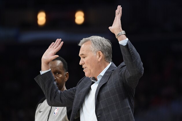 Houston Rockets coach Mike D'Antoni gestures during the second half of the team's NBA basketball game against the Washington Wizards on Wednesday, Oct. 30, 2019, in Washington. The Rockets won 159-158. (AP Photo/Nick Wass)