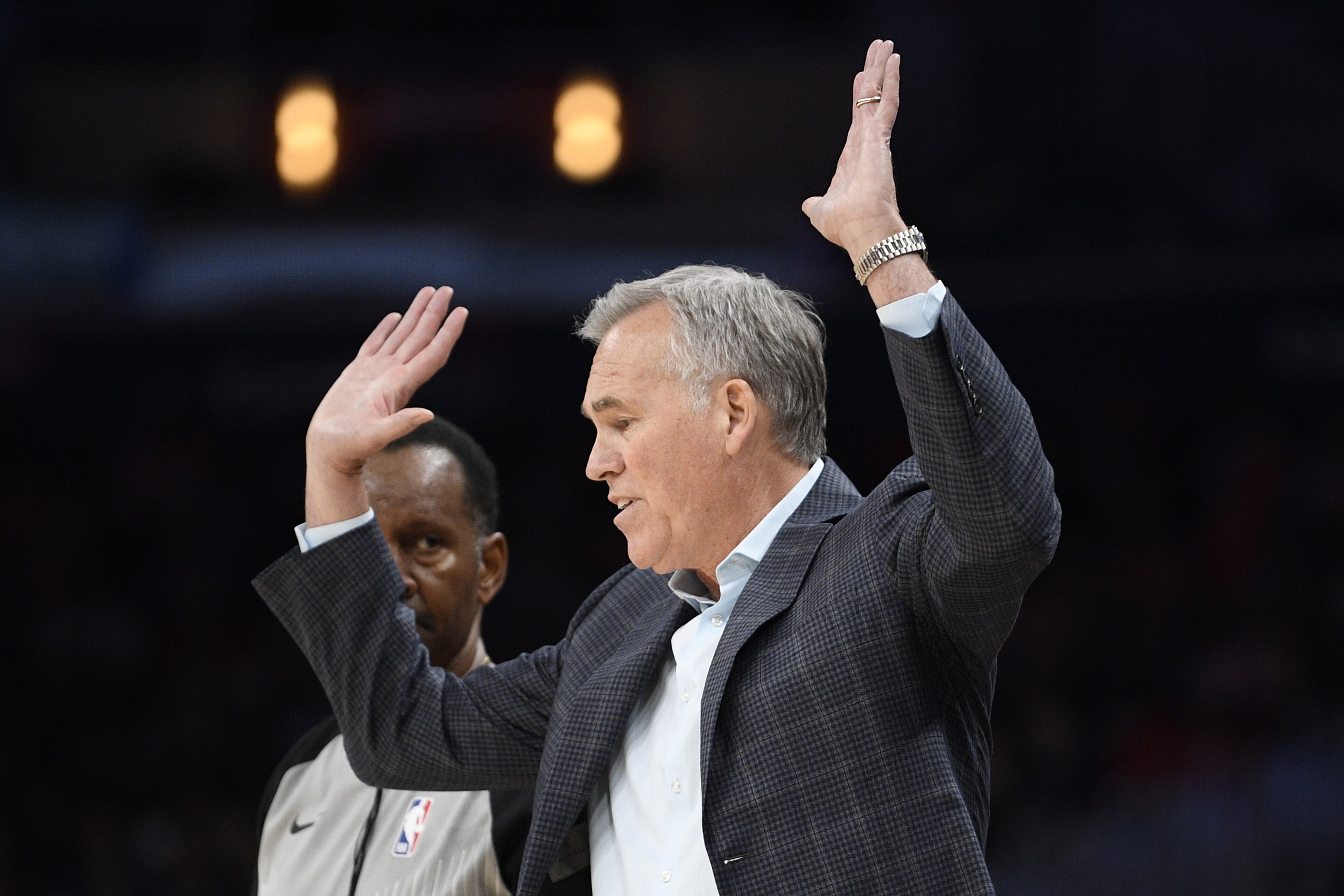 Houston Rockets coach Mike D'Antoni gestures during the second half of the team's NBA basketball game against the Washington Wizards on Wednesday, Oct. 30, 2019, in Washington. The Rockets won 159-158. (AP Photo/Nick Wass)