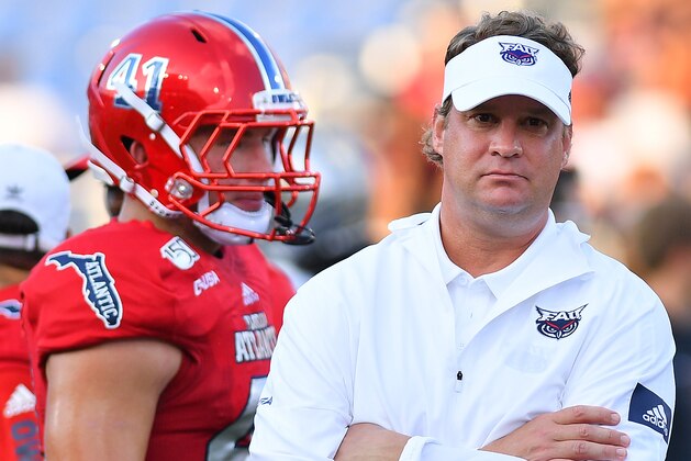 BOCA RATON, FLORIDA - SEPTEMBER 07: Head coach Lane Kifffin of the Florida Atlantic Owls looks on during warm ups before the game against the UCF Knights at FAU Stadium on September 07, 2019 in Boca Raton, Florida. (Photo by Mark Brown/Getty Images)