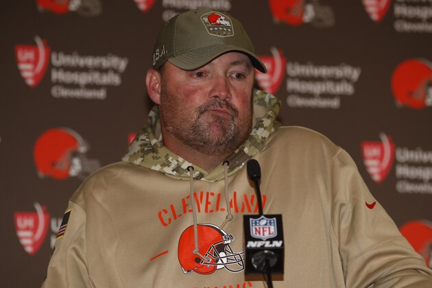 Cleveland Browns head coach Freddie Kitchens speaks after an NFL football game against the Denver Broncos, Sunday, Nov. 3, 2019, in Denver. The Broncos won 24-19. (AP Photo/David Zalubowski)