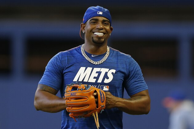 MIAMI, FLORIDA - APRIL 01:  Yoenis Cespedes #52 of the New York Mets looks on during batting practice prior to the game against the Miami Marlins at Marlins Park on April 01, 2019 in Miami, Florida. (Photo by Michael Reaves/Getty Images)