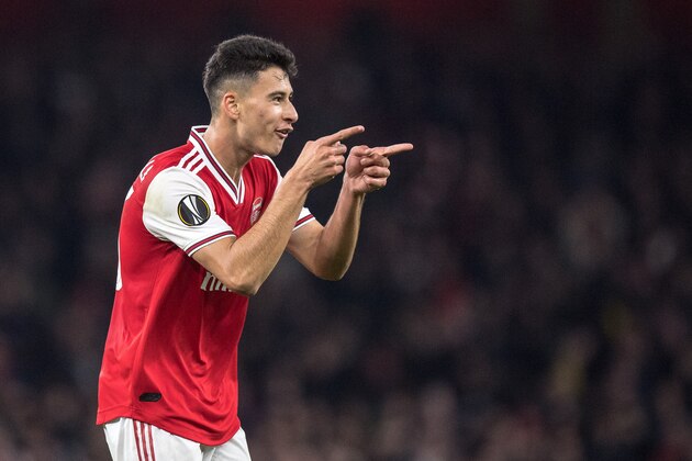 LONDON, ENGLAND - OCTOBER 24: Gabriel Martinelli of Arsenal FC celebrates after scoring the first goal during the UEFA Europa League group F match between Arsenal FC and Vitoria Guimaraes at Emirates Stadium on October 24, 2019 in London, United Kingdom. (Photo by Sebastian Frej/MB Media/Getty Images)