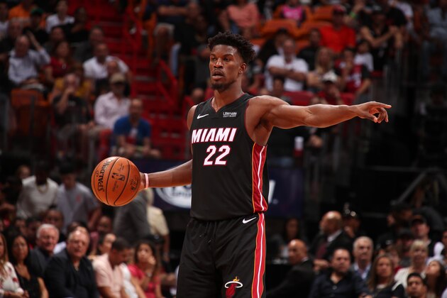 MIAMI, FL - NOVEMBER 3: Jimmy Butler #22 of the Miami Heat calls out a play during a game against the Houston Rockets on November 3, 2019 at American Airlines Arena in Miami, Florida. NOTE TO USER: User expressly acknowledges and agrees that, by downloading and or using this Photograph, user is consenting to the terms and conditions of the Getty Images License Agreement. Mandatory Copyright Notice: Copyright 2019 NBAE (Photo by Issac Baldizon/NBAE via Getty Images)