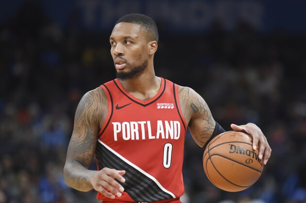 Portland Trail Blazers guard Damian Lillard pushes down the court in the second half of an NBA basketball game against Oklahoma City Thunder, Wednesday, Oct. 30, 2019, in Oklahoma City. (AP Photo/Kyle Phillips)