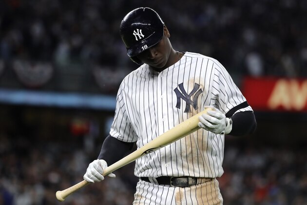 NEW YORK, NEW YORK - OCTOBER 15: Didi Gregorius #18 of the New York Yankees reacts after flying out during the fifth inning against the Houston Astros in game three of the American League Championship Series at Yankee Stadium on October 15, 2019 in New York City. (Photo by Elsa/Getty Images)